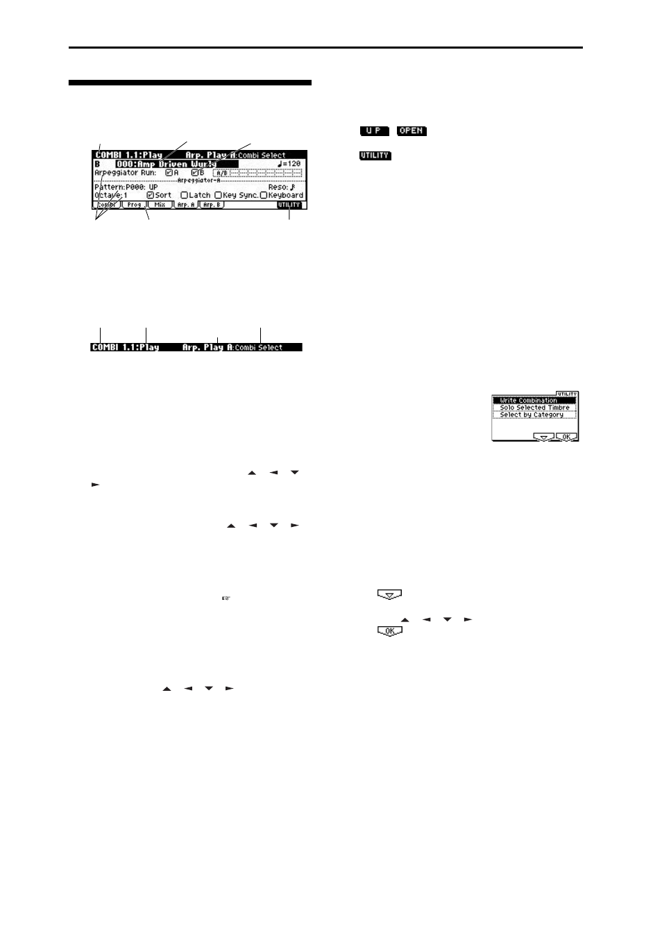 Objects and functions in the lcd screen, P.10), A: current page | B: tab, C: parameters, D: edit cell, E: check box, F: function buttons, Utility menu | KORG TR Music Workstation Operation Guide 2E ii User Manual | Page 16 / 136