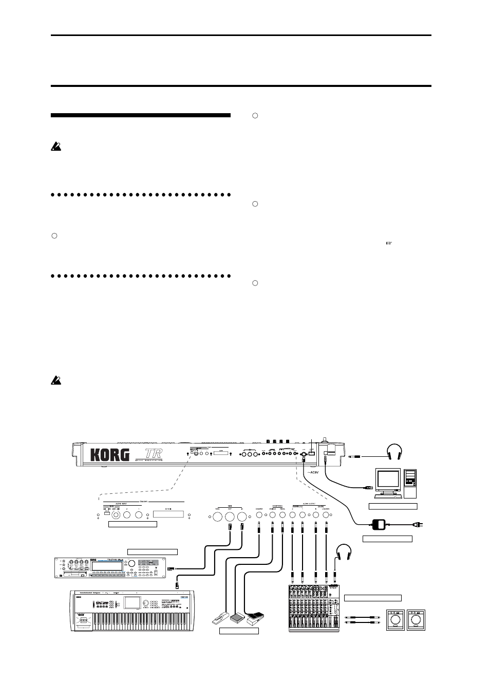 Setup, Connecting audio equipment etc, Connecting the ac/ac power supply | Connecting audio output devices, P.12), Audio output (main) l/mono, r, (individual) 1, 2, Headphones | KORG TR Music Workstation Operation Guide 2E ii User Manual | Page 18 / 136
