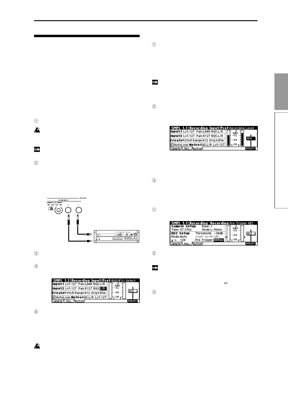 Sampling and looping a drum phrase, 39 quick star t, Set the recording level | Specify the recording method (manual) | KORG TR Music Workstation Operation Guide 2E ii User Manual | Page 45 / 136