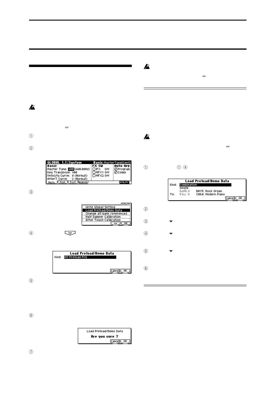 Restoring the factory settings, Loading the preloaded data, Eload/demo songs” command | P.48) | KORG TR Music Workstation Operation Guide 2E ii User Manual | Page 54 / 136