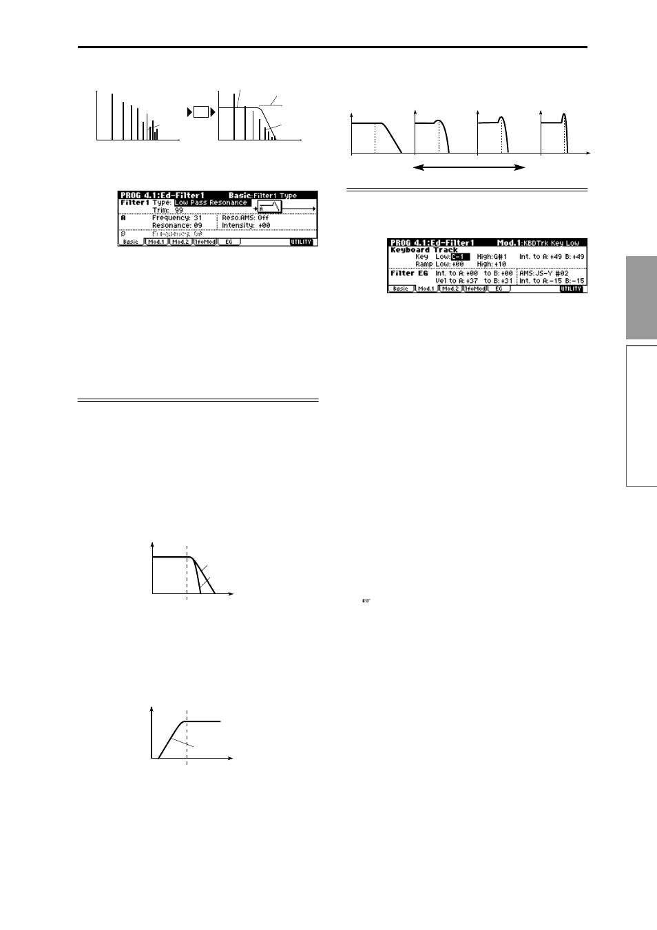 53 basic functions, Basic page, Mod.1, mod.2 page | Lfomod (lfo mod.) page, Program mode, Low pass filter, High pass filter, Resonance, Keyboard track (mod.1 page), Filter eg (mod.1 page) | KORG TR Music Workstation Operation Guide 2E ii User Manual | Page 59 / 136
