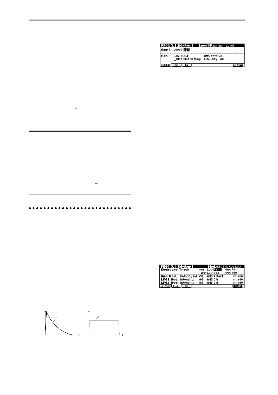 Amplifier settings 5.1: ed–amp1, 5.2: ed–amp2, Amplifier settings, Eg page | Lvl/pan (level/pan) page, Mod. page | KORG TR Music Workstation Operation Guide 2E ii User Manual | Page 60 / 136