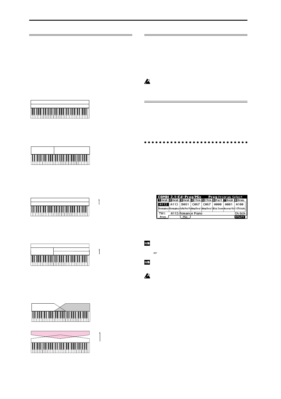 Timbre 1–8 program, pan and volume, Prog page, Layer, split, and velocity switch | Layer, Split, Velocity switch, The compare function | KORG TR Music Workstation Operation Guide 2E ii User Manual | Page 64 / 136