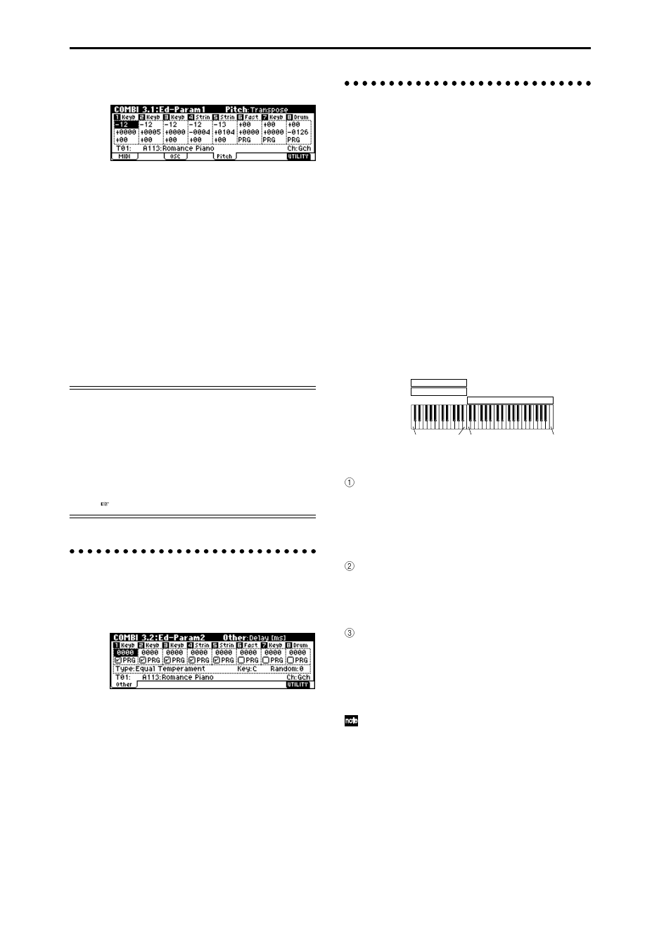 Note timing and scale settings 3.2: ed–param2, Layer and split settings 3.3: ed–key zone, Pitch page | Other page, Key page, Slope page | KORG TR Music Workstation Operation Guide 2E ii User Manual | Page 66 / 136