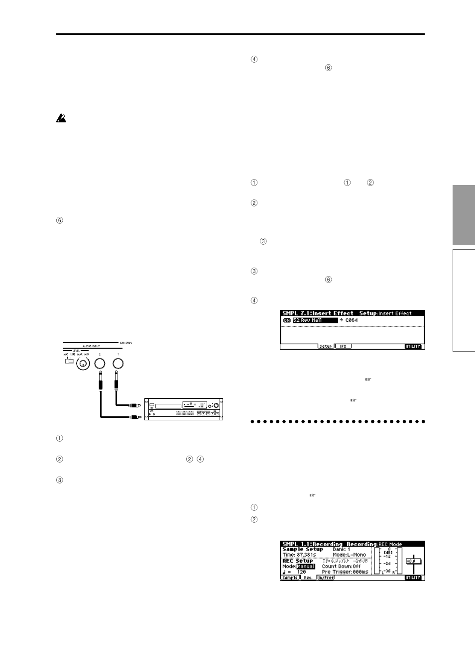 Manual sampling, 89 basic functions, Connections and settings for a stereo source | Using an insert effect | KORG TR Music Workstation Operation Guide 2E ii User Manual | Page 95 / 136