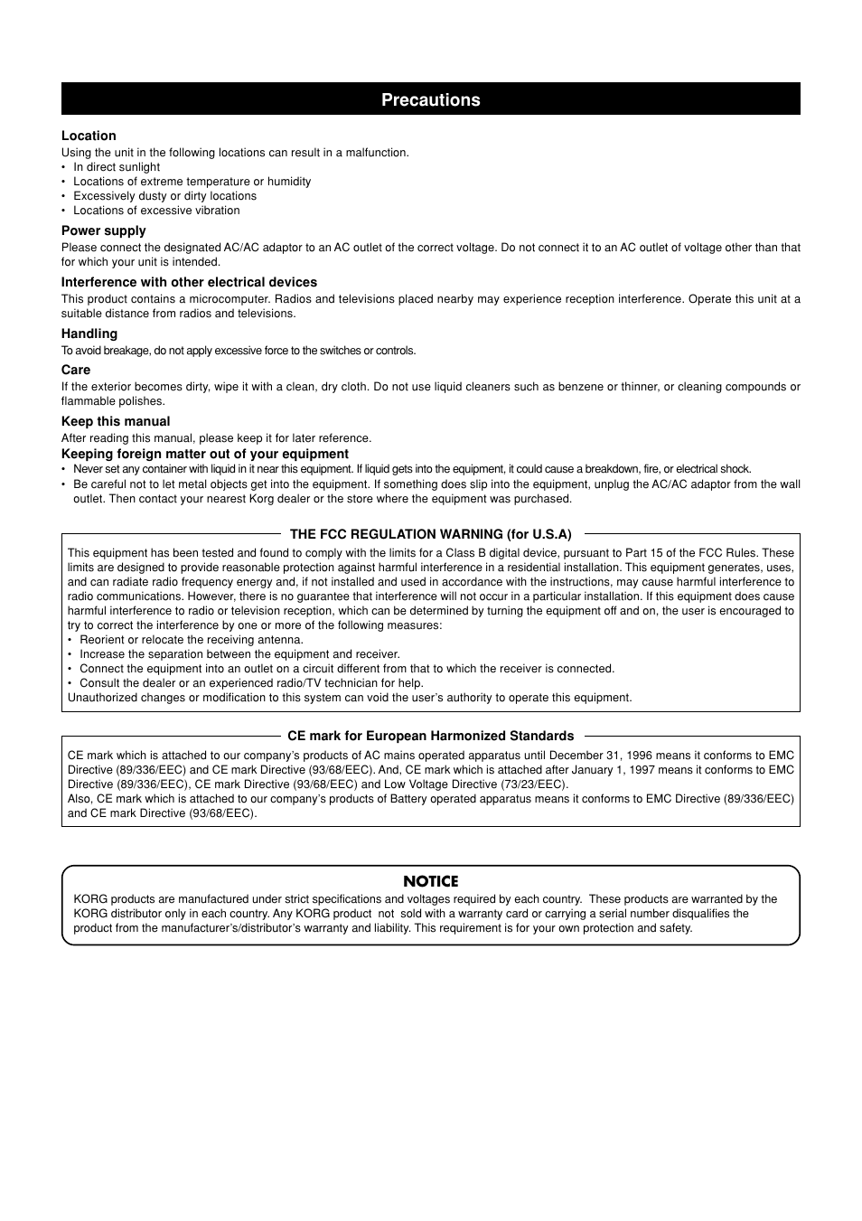 Precautions | KORG KM-2 User Manual | Page 2 / 35