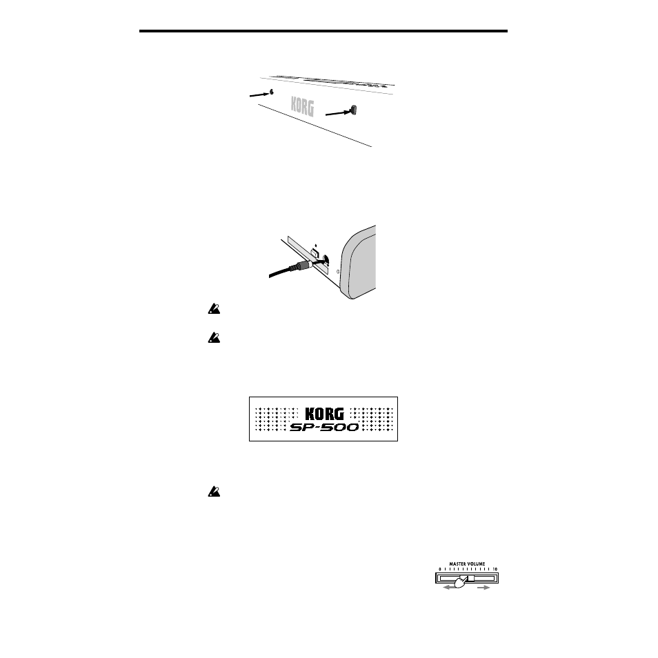 Using the music stand, Turning the power on, Adjusting the volume | Jacks. (☞p.14), P.14), F. (☞p.14) | KORG SP-500 User Manual | Page 14 / 87