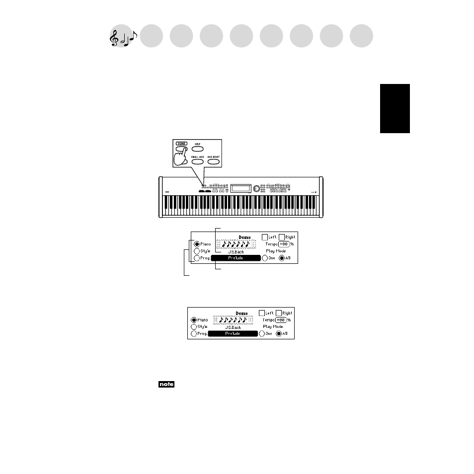 Demo playback, Listening to the demo, To listen to the demo songs | P.19 | KORG SP-500 User Manual | Page 19 / 87