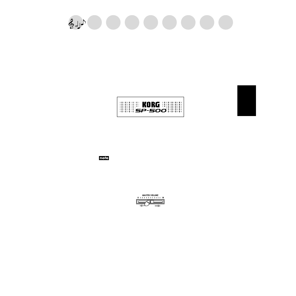 Playing the sp-500, Playing a sound, Turing the power on | Adjusting the volume, Turing the power on adjusting the volume | KORG SP-500 User Manual | Page 23 / 87