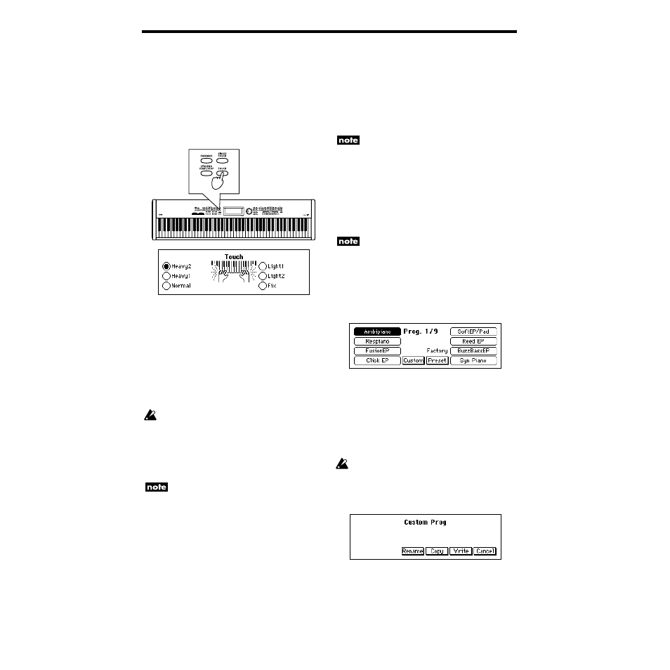 Changing the touch response of the keyboard, Using the [user] program group, P.34 | Using the [user] pro- gram group | KORG SP-500 User Manual | Page 34 / 87