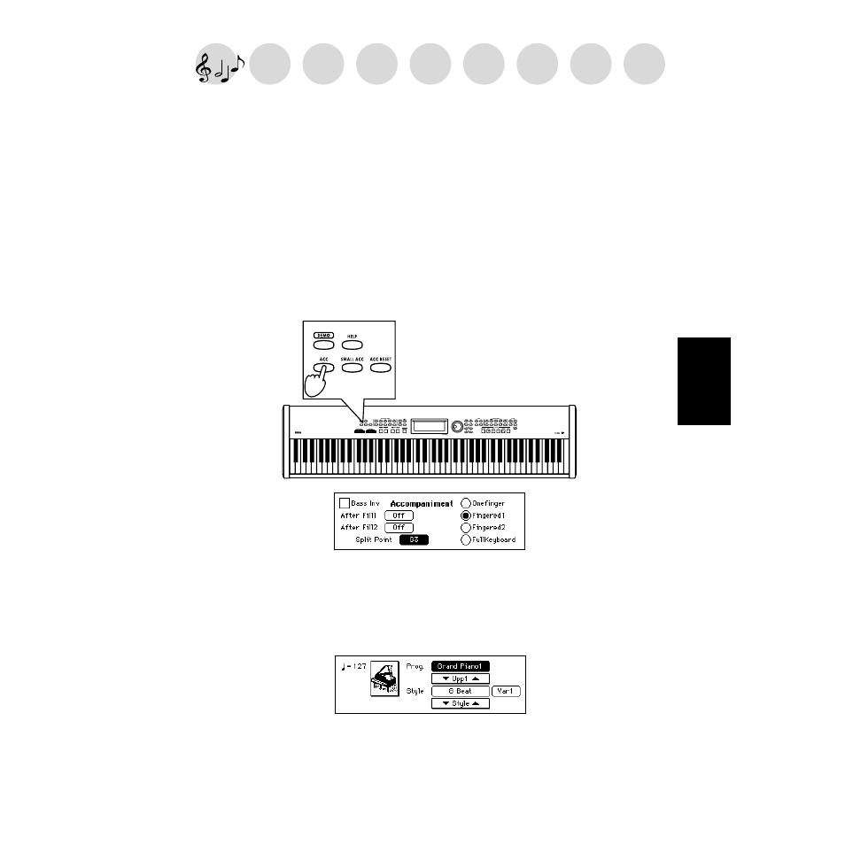 Automatic accompaniment, Performing with automatic accompaniment, Using automatic accompaniment | P.37 | KORG SP-500 User Manual | Page 37 / 87