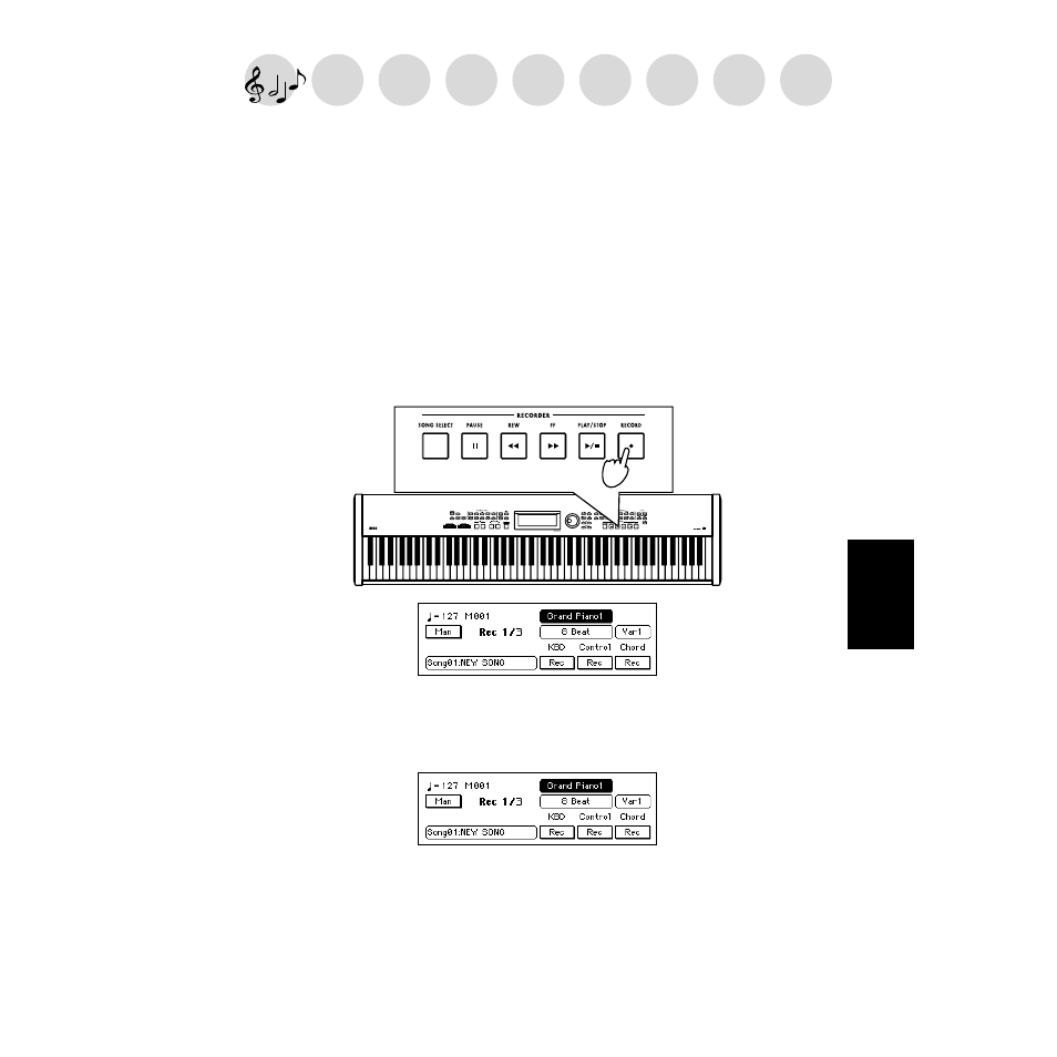 Recording, Recording your performance, Basic recording (realtime recording) | P.49 | KORG SP-500 User Manual | Page 49 / 87