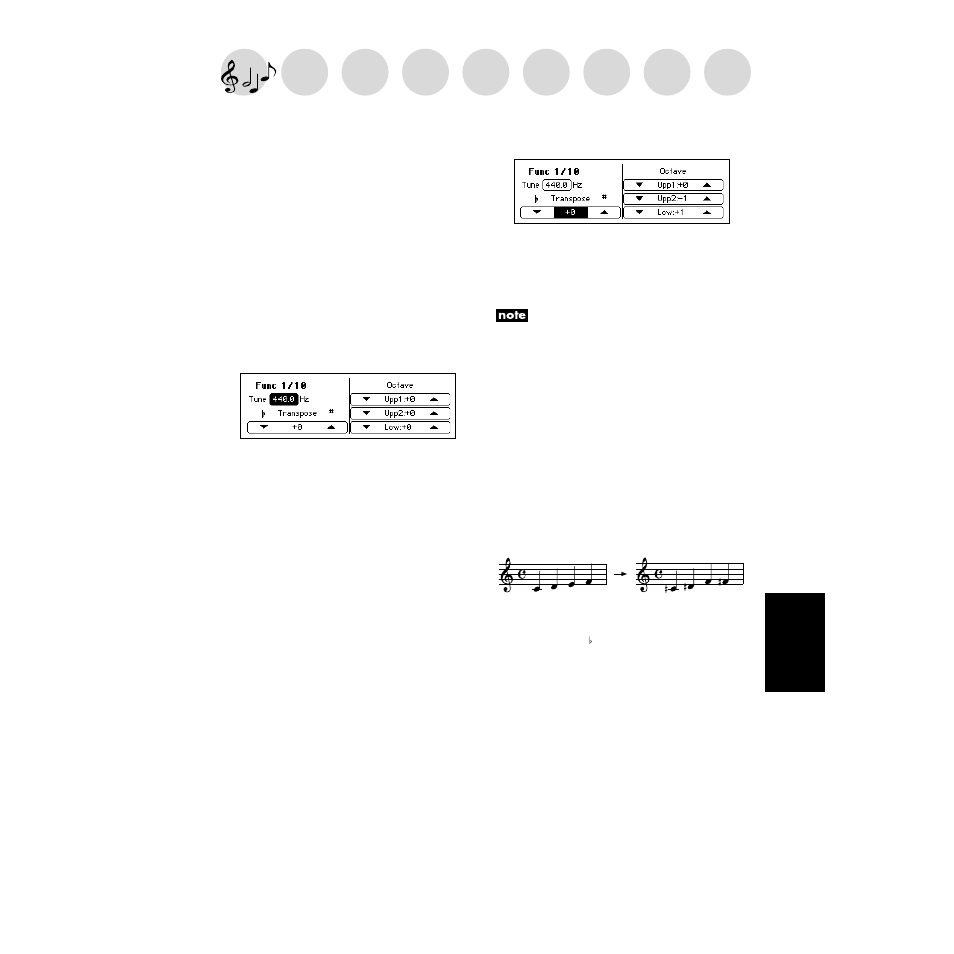 Functions, Adjusting the pitch, Fine adjustments to the pitch | Changing the key (transposing), P.63 | KORG SP-500 User Manual | Page 63 / 87