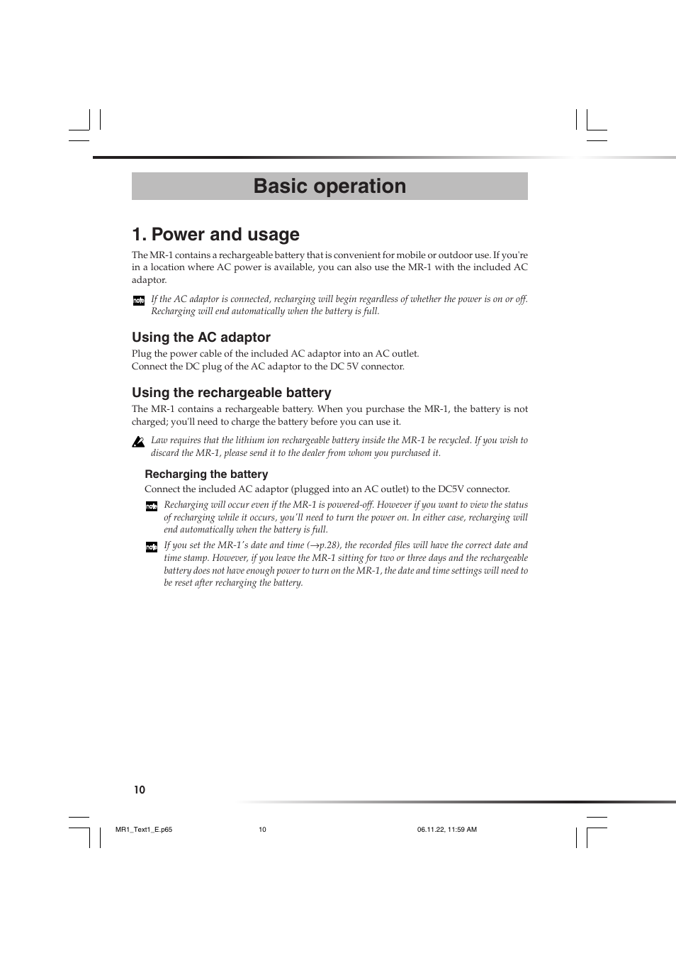 Basic operation, Power and usage, Using the ac adaptor | Using the rechargeable battery | KORG MR-1 User Manual | Page 10 / 56