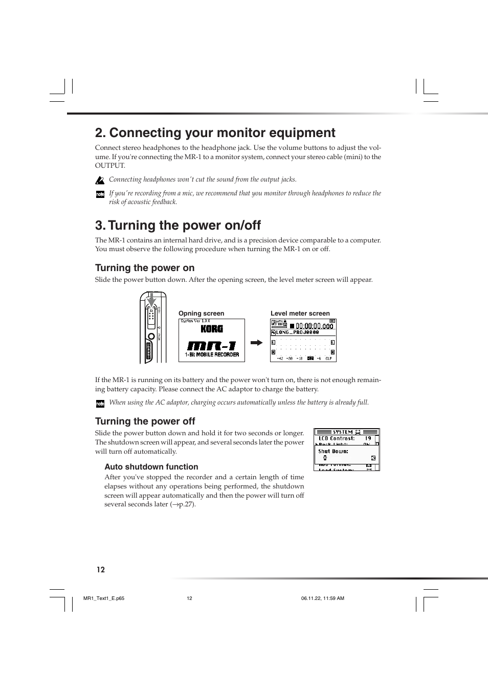 Connecting your monitor equipment, Turning the power on/off, Turning the power on | Turning the power off, Turning the power on turning the power off | KORG MR-1 User Manual | Page 12 / 56
