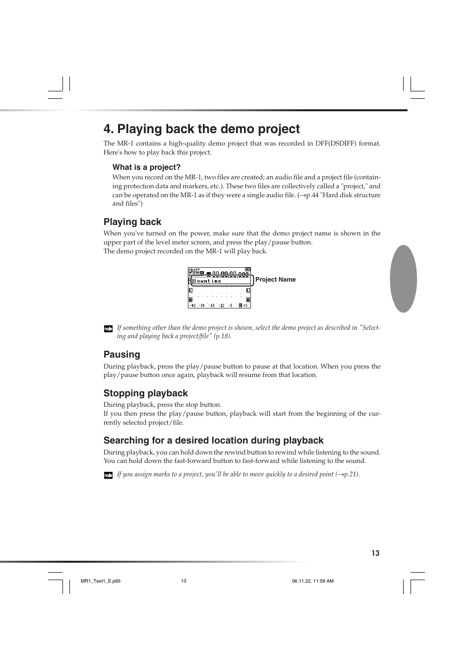 Playing back the demo project, Playing back, Pausing | Stopping playback, Searching for a desired location during playback, Oject, P.13) or file, and parameter settings, P.13) or file, or to r, P.13) or file, or to fast-forwar | KORG MR-1 User Manual | Page 13 / 56
