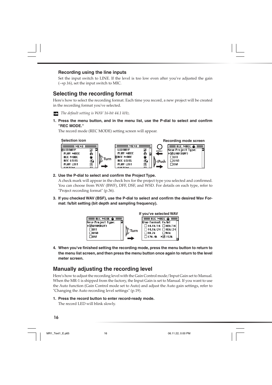 Selecting the recording format, Manually adjusting the recording level, P.16) | KORG MR-1 User Manual | Page 16 / 56