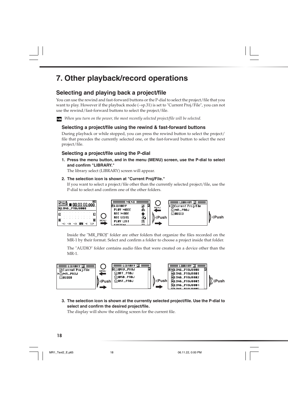 Other playback/record operations, Selecting and playing back a project/file | KORG MR-1 User Manual | Page 18 / 56