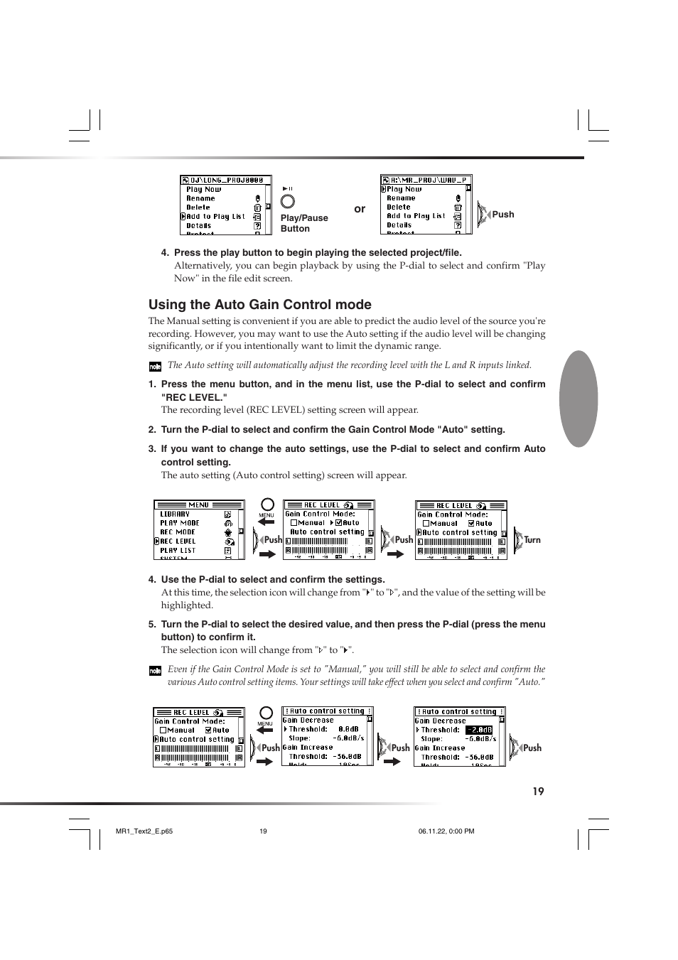 Using the auto gain control mode, Changing the auto recording level settings" (p.19) | KORG MR-1 User Manual | Page 19 / 56