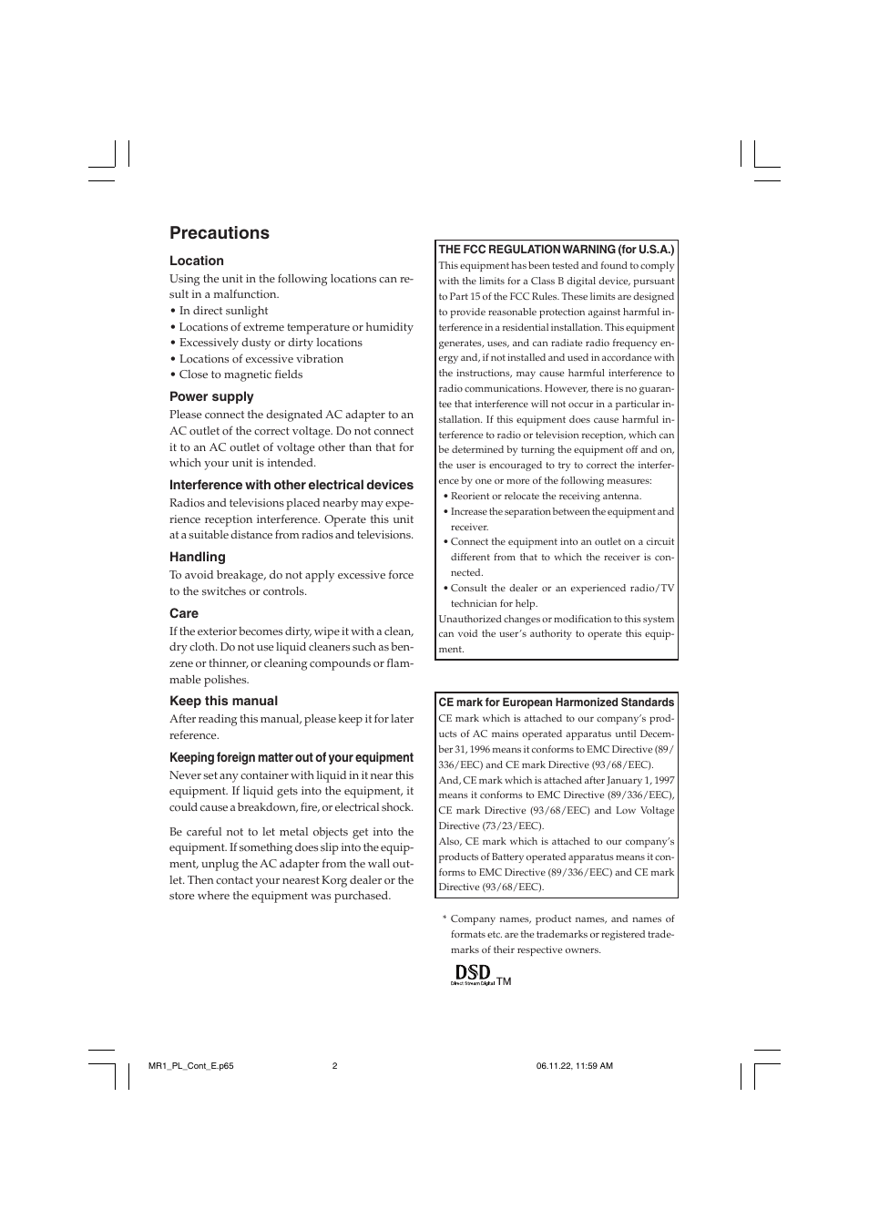Precautions | KORG MR-1 User Manual | Page 2 / 56