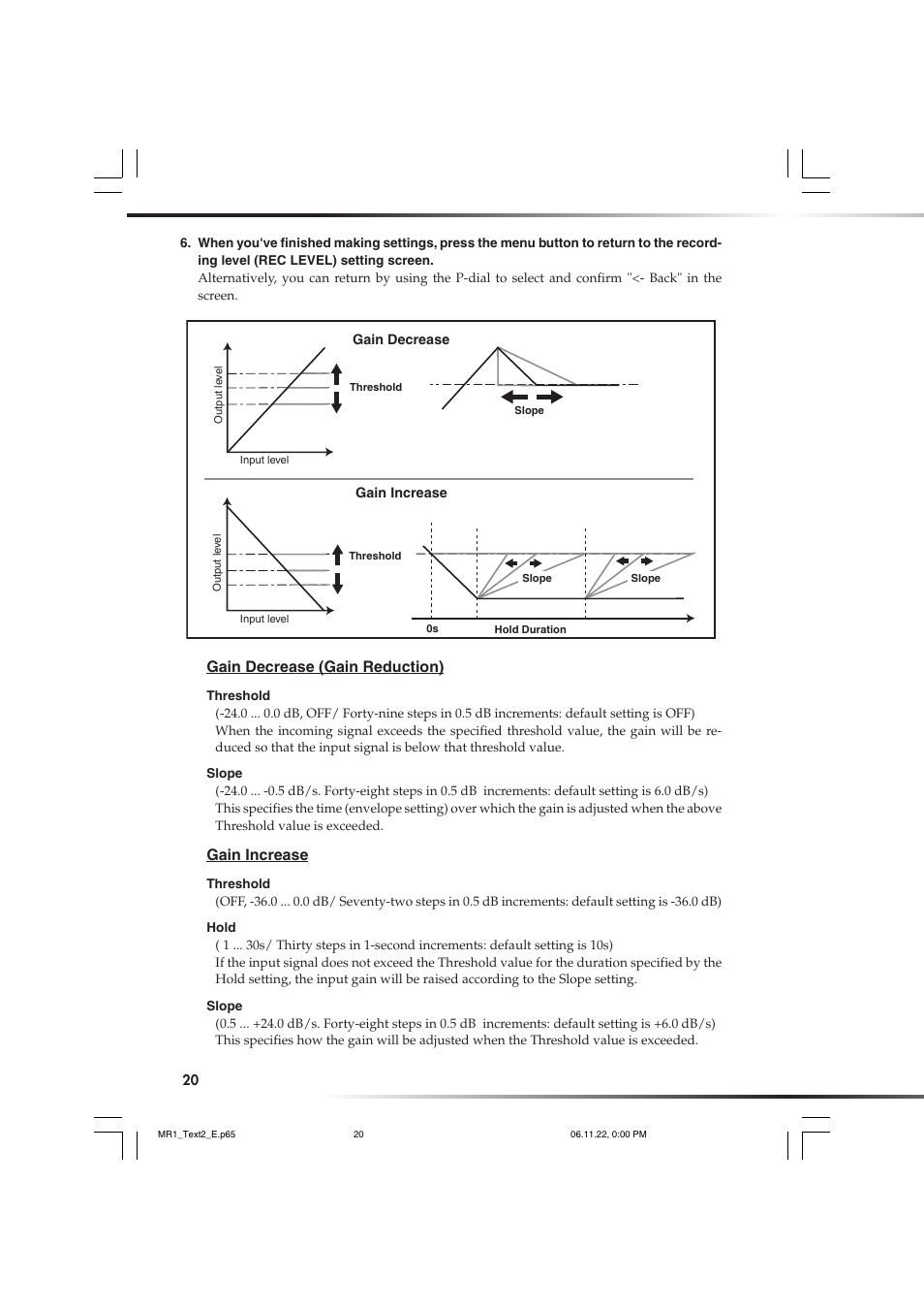 Gain decrease (gain reduction), Gain increase | KORG MR-1 User Manual | Page 20 / 56