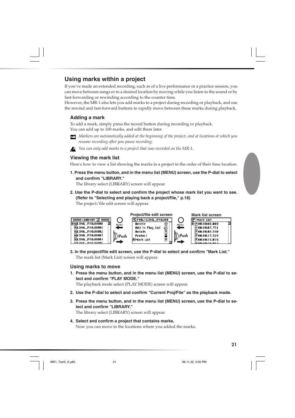 Using marks within a project, Ed point, P.21) | KORG MR-1 User Manual | Page 21 / 56