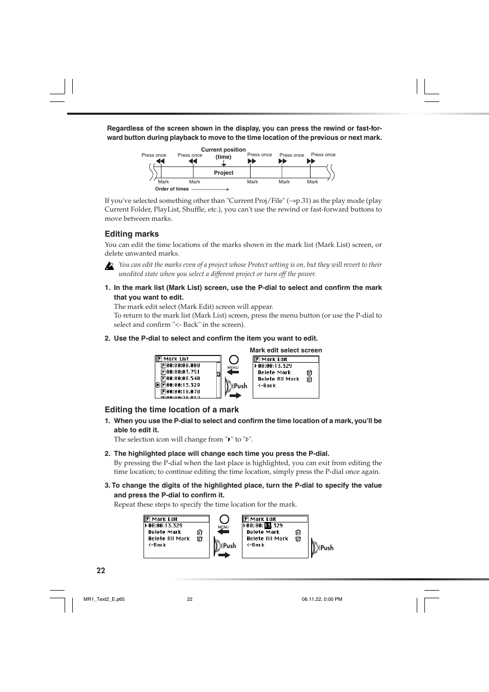 Editing marks, Editing the time location of a mark | KORG MR-1 User Manual | Page 22 / 56