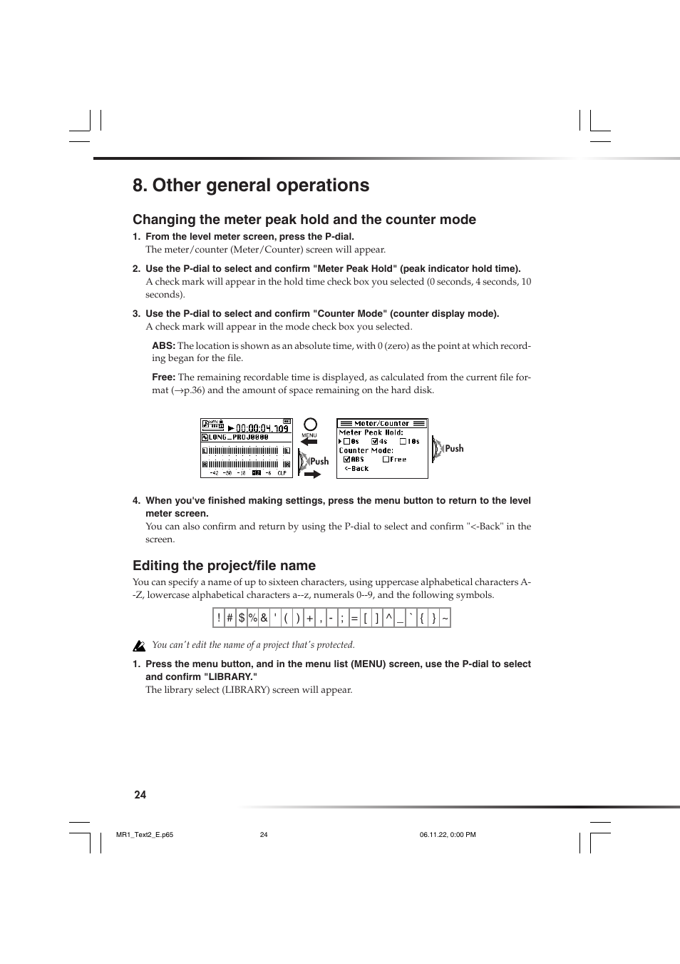 Other general operations, Changing the meter peak hold and the counter mode, Editing the project/file name | P.24), Ding | KORG MR-1 User Manual | Page 24 / 56