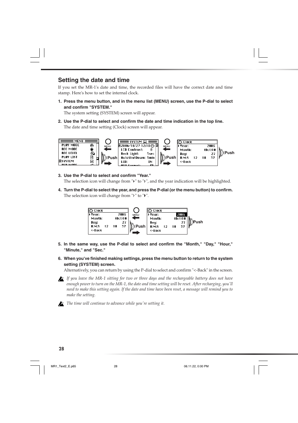 Setting the date and time, If you set the date and time on the mr-1, P.28), the date and time will be corr | KORG MR-1 User Manual | Page 28 / 56