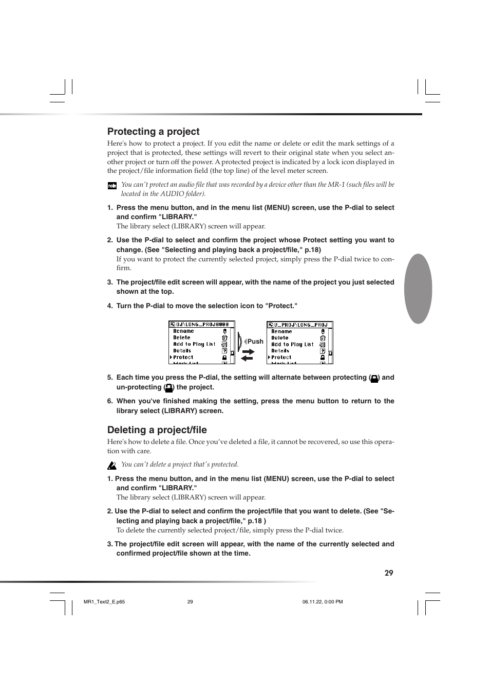 Protecting a project, Deleting a project/file, Protecting a project deleting a project/file | P.29) | KORG MR-1 User Manual | Page 29 / 56