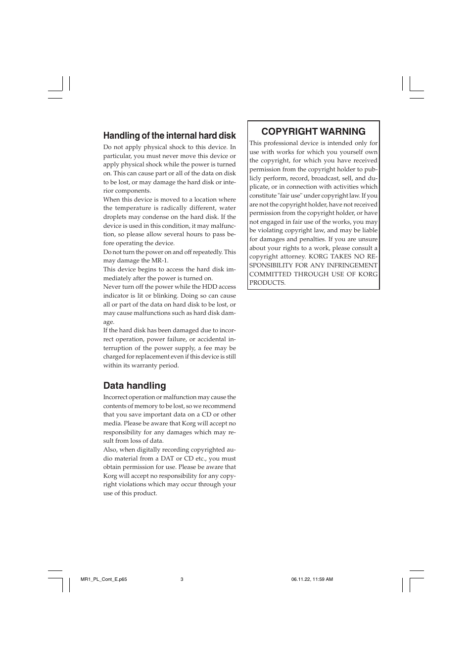 Handling of the internal hard disk, Data handling, Copyright warning | KORG MR-1 User Manual | Page 3 / 56