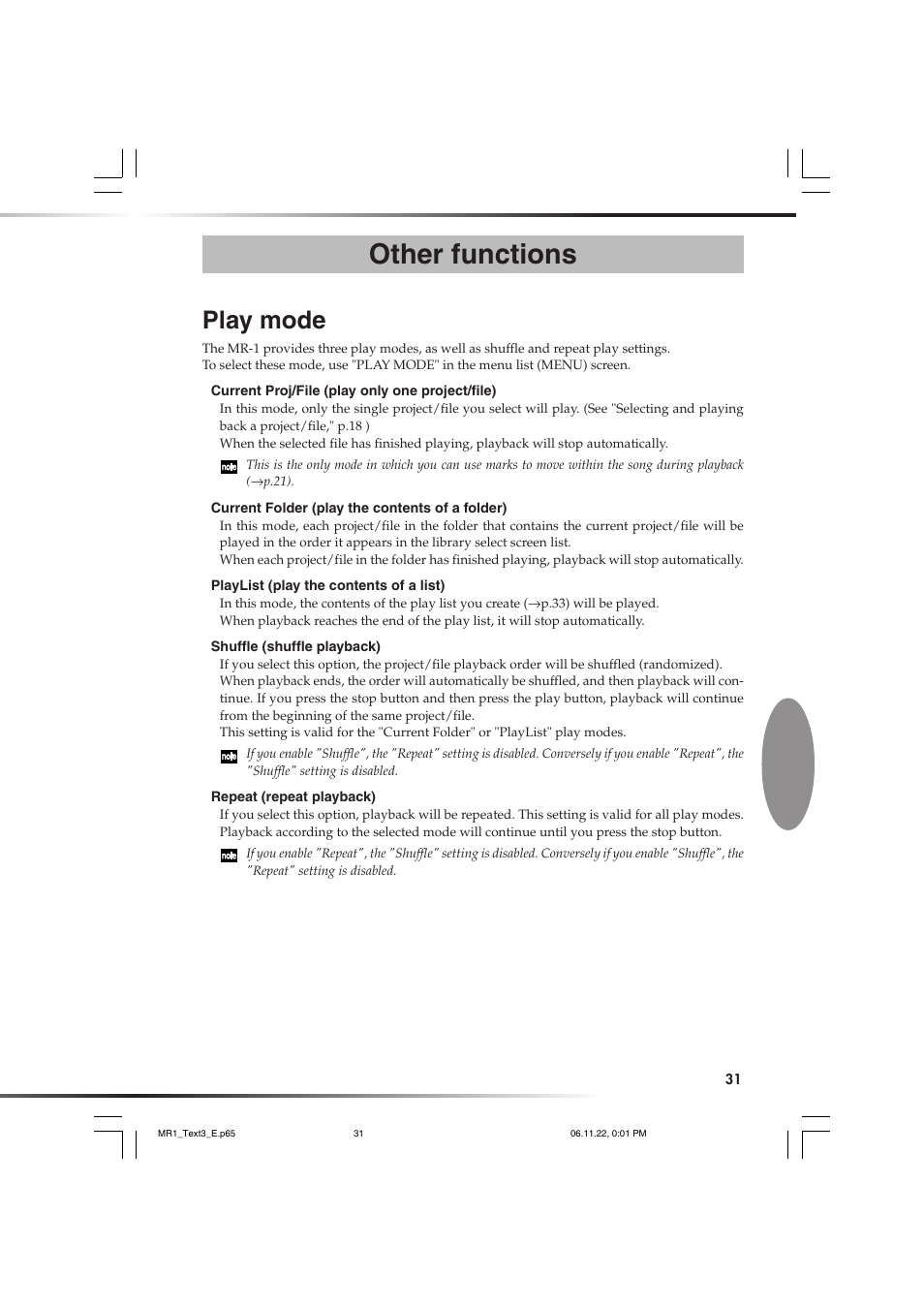 Other functions, Play mode | KORG MR-1 User Manual | Page 31 / 56