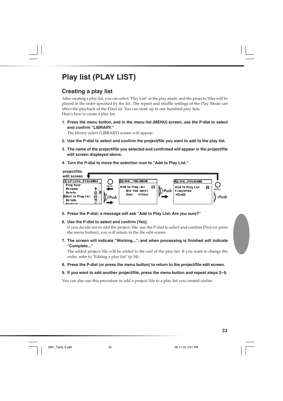 Play list (play list), Creating a play list, Eate | P.33) will be played | KORG MR-1 User Manual | Page 33 / 56