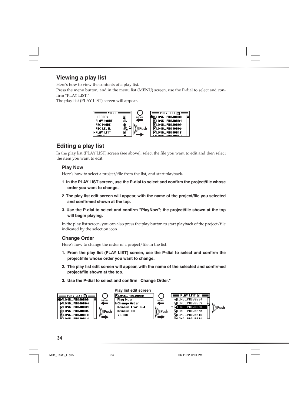 Viewing a play list, Editing a play list, Viewing a play list editing a play list | KORG MR-1 User Manual | Page 34 / 56