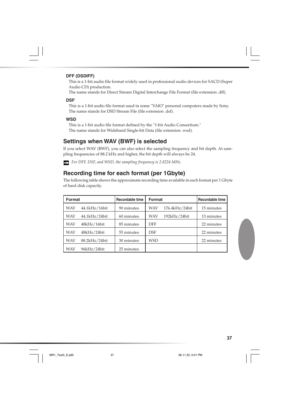 Settings when wav (bwf) is selected, Recording time for each format (per 1gbyte) | KORG MR-1 User Manual | Page 37 / 56