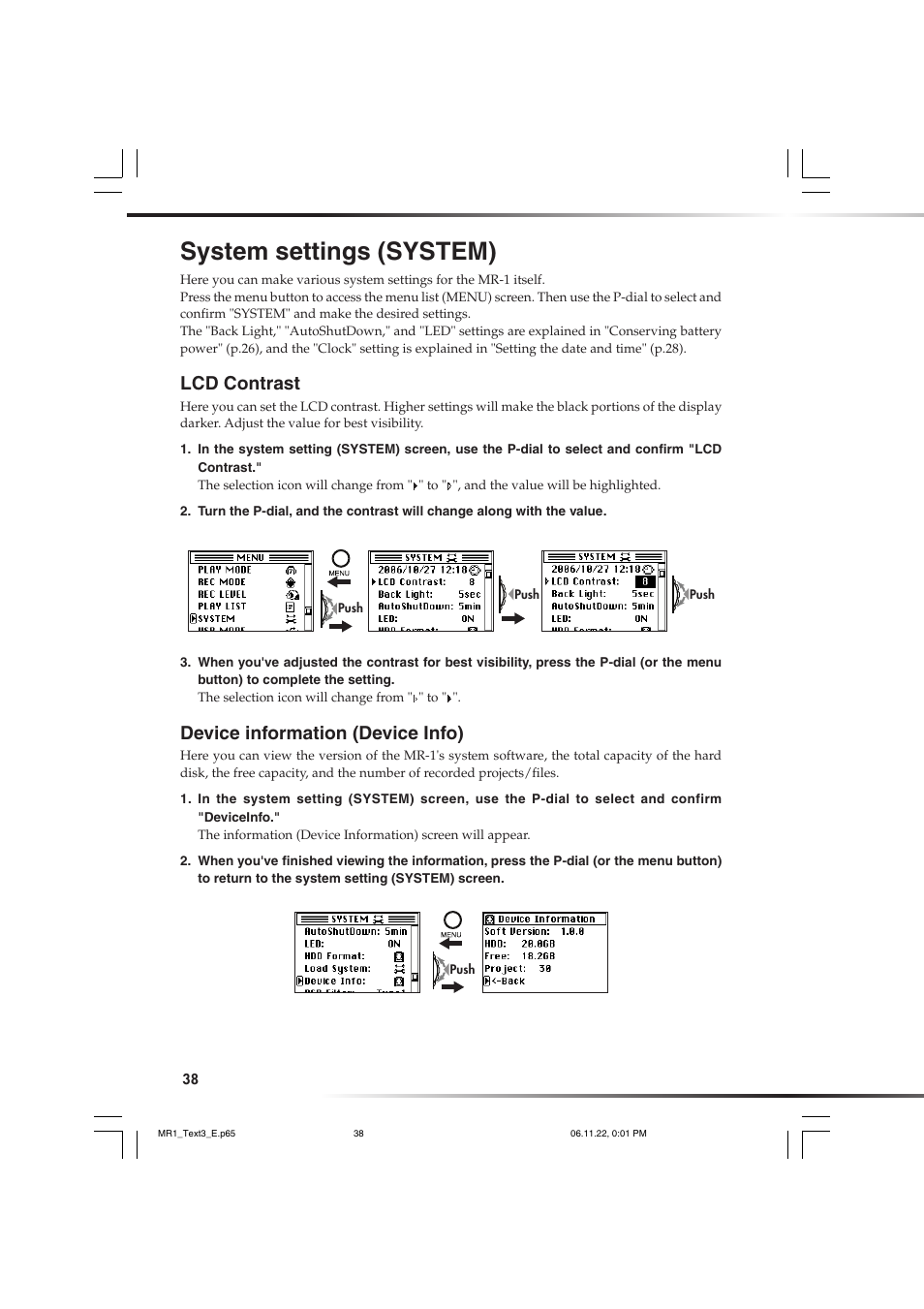 System settings (system), Lcd contrast, Device information (device info) | Lcd contrast device information (device info) | KORG MR-1 User Manual | Page 38 / 56