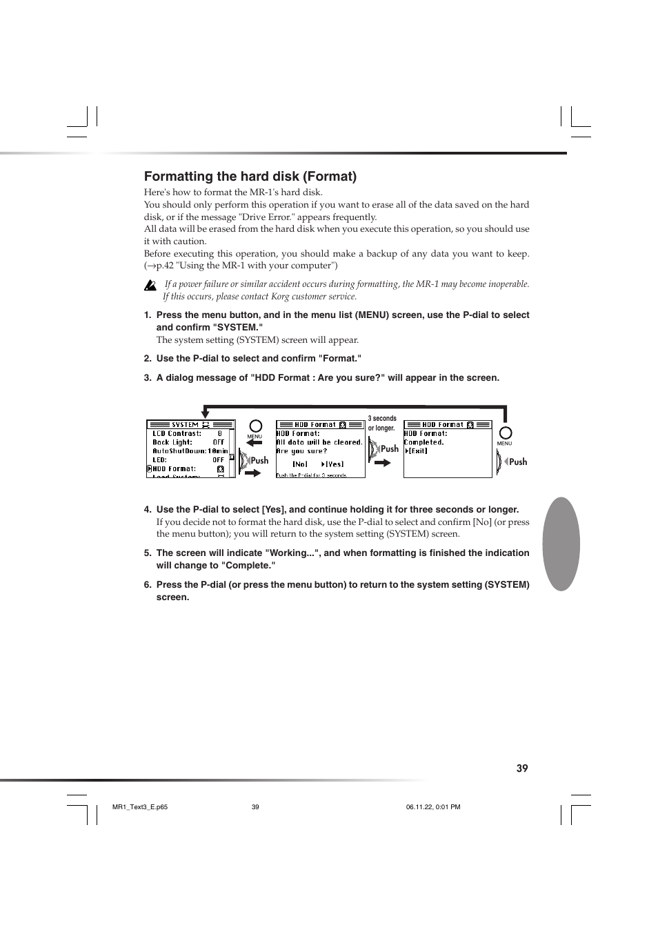 Formatting the hard disk (format) | KORG MR-1 User Manual | Page 39 / 56