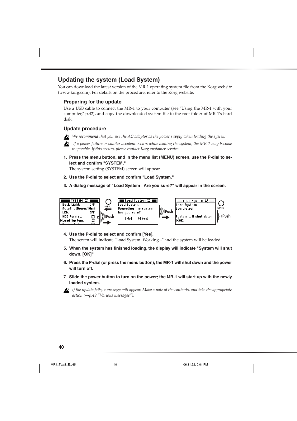 Updating the system (load system) | KORG MR-1 User Manual | Page 40 / 56