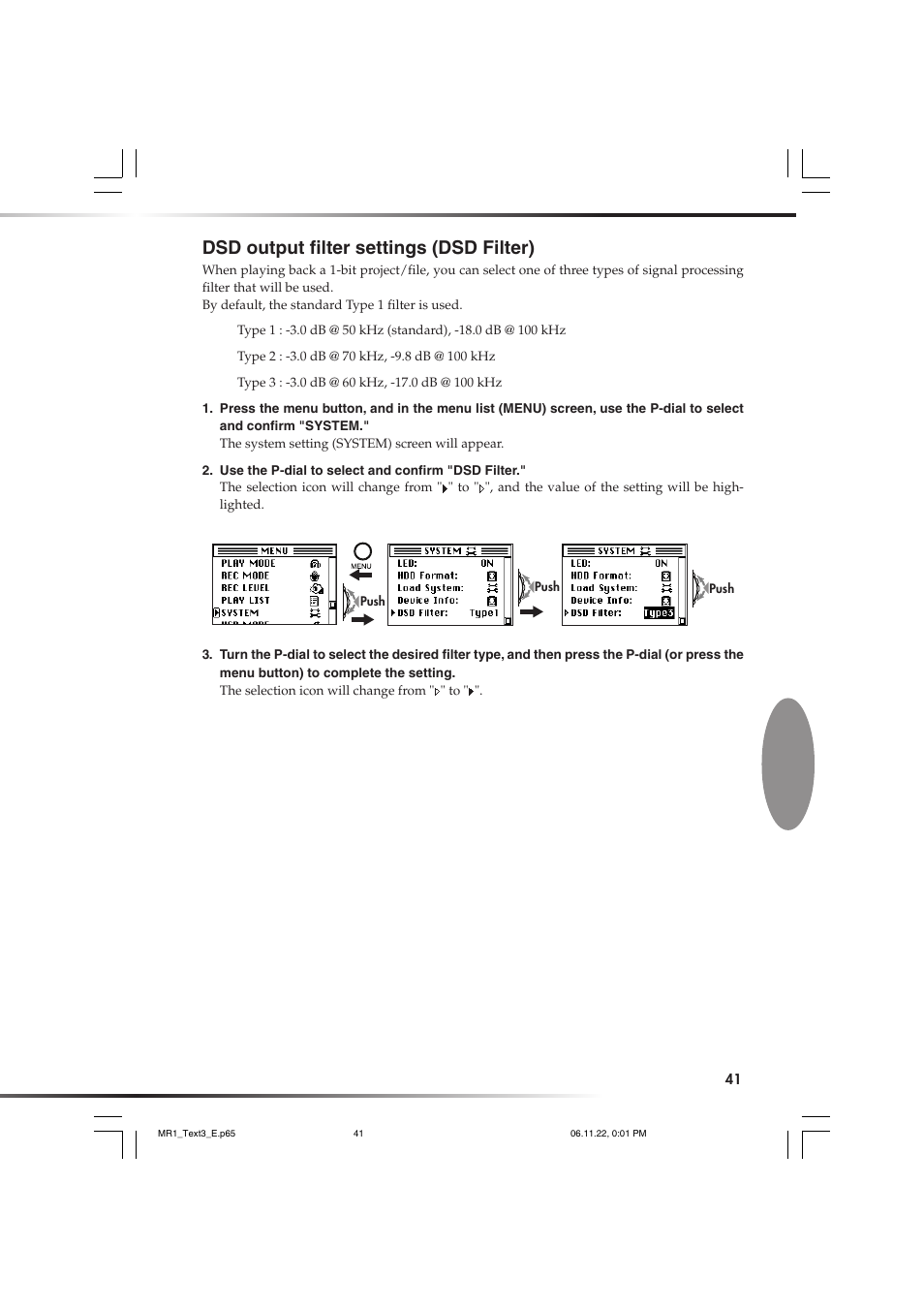 Dsd output filter settings (dsd filter) | KORG MR-1 User Manual | Page 41 / 56
