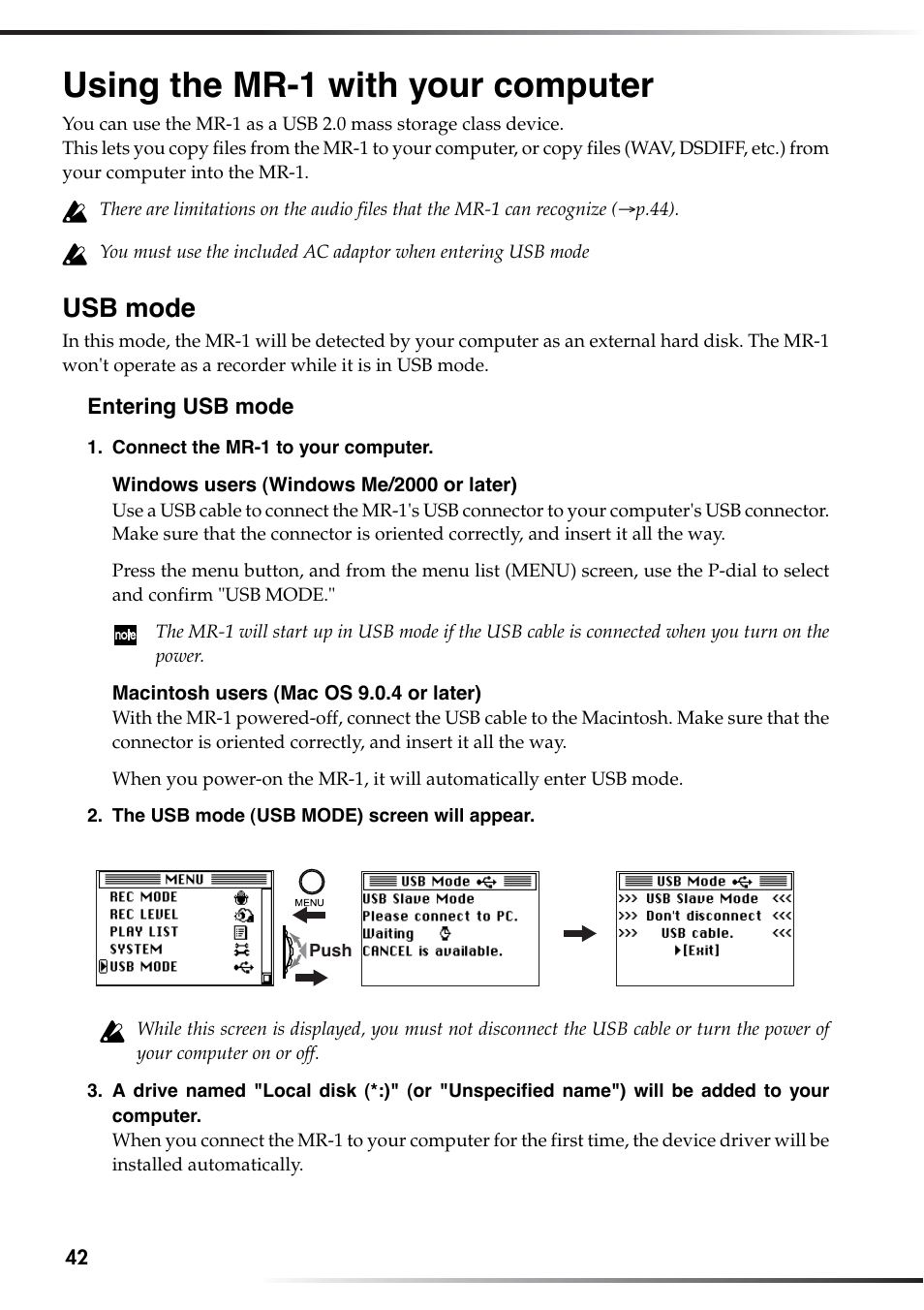 Using the mr-1 with your computer, Usb mode | KORG MR-1 User Manual | Page 42 / 56