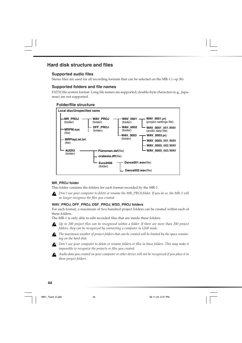 Hard disk structure and files, E a single audio file, P.44 "hard disk structure | And files"), Supported audio files, Supported folders and file names, Folder/file structure | KORG MR-1 User Manual | Page 44 / 56