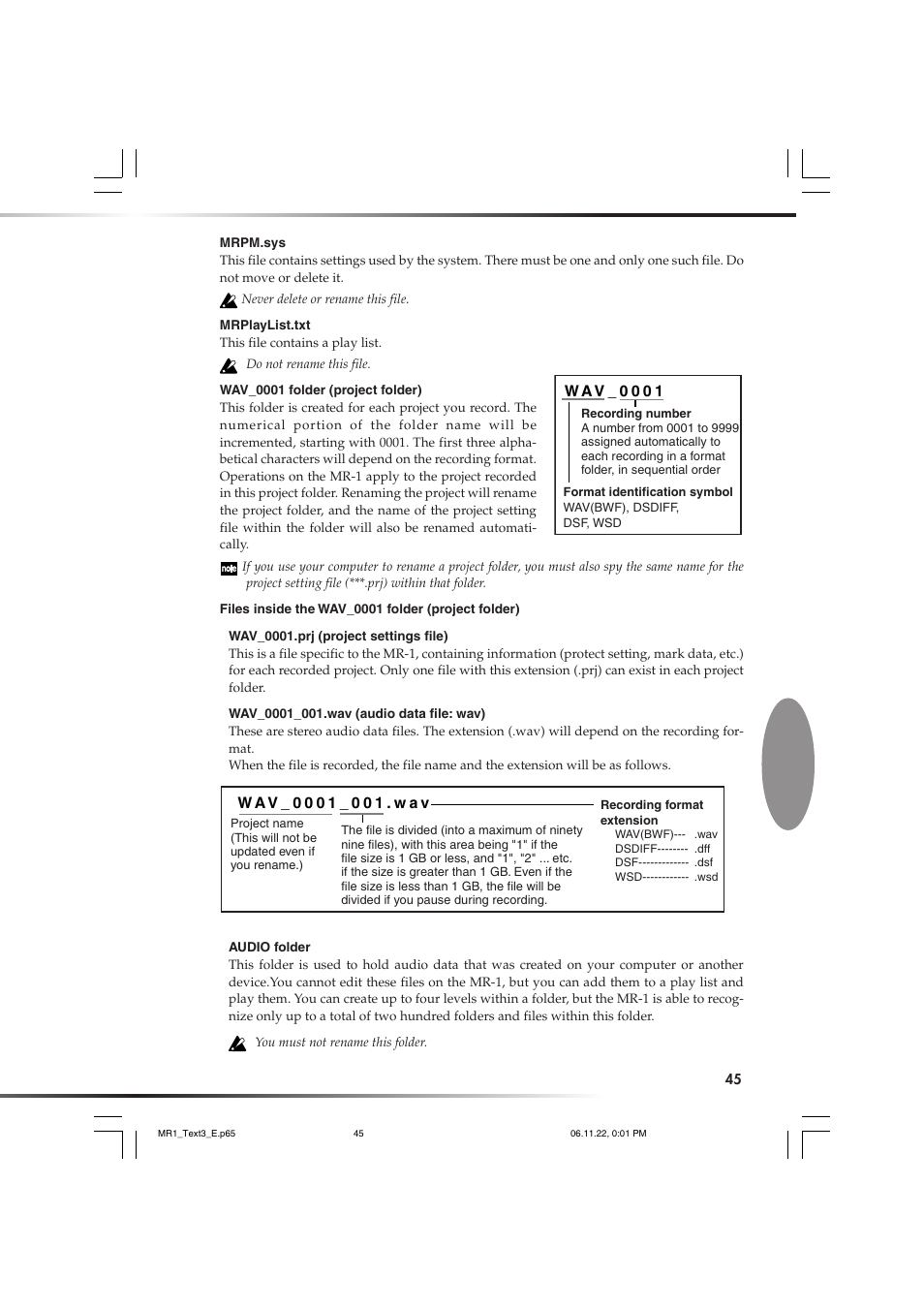 Oject." the folder is named automatically, P.45), W a v _ 0 0 0 1 | KORG MR-1 User Manual | Page 45 / 56