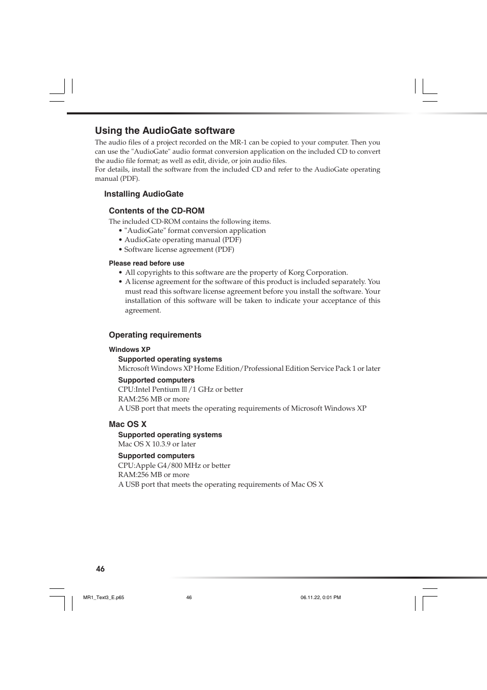 Using the audiogate software | KORG MR-1 User Manual | Page 46 / 56