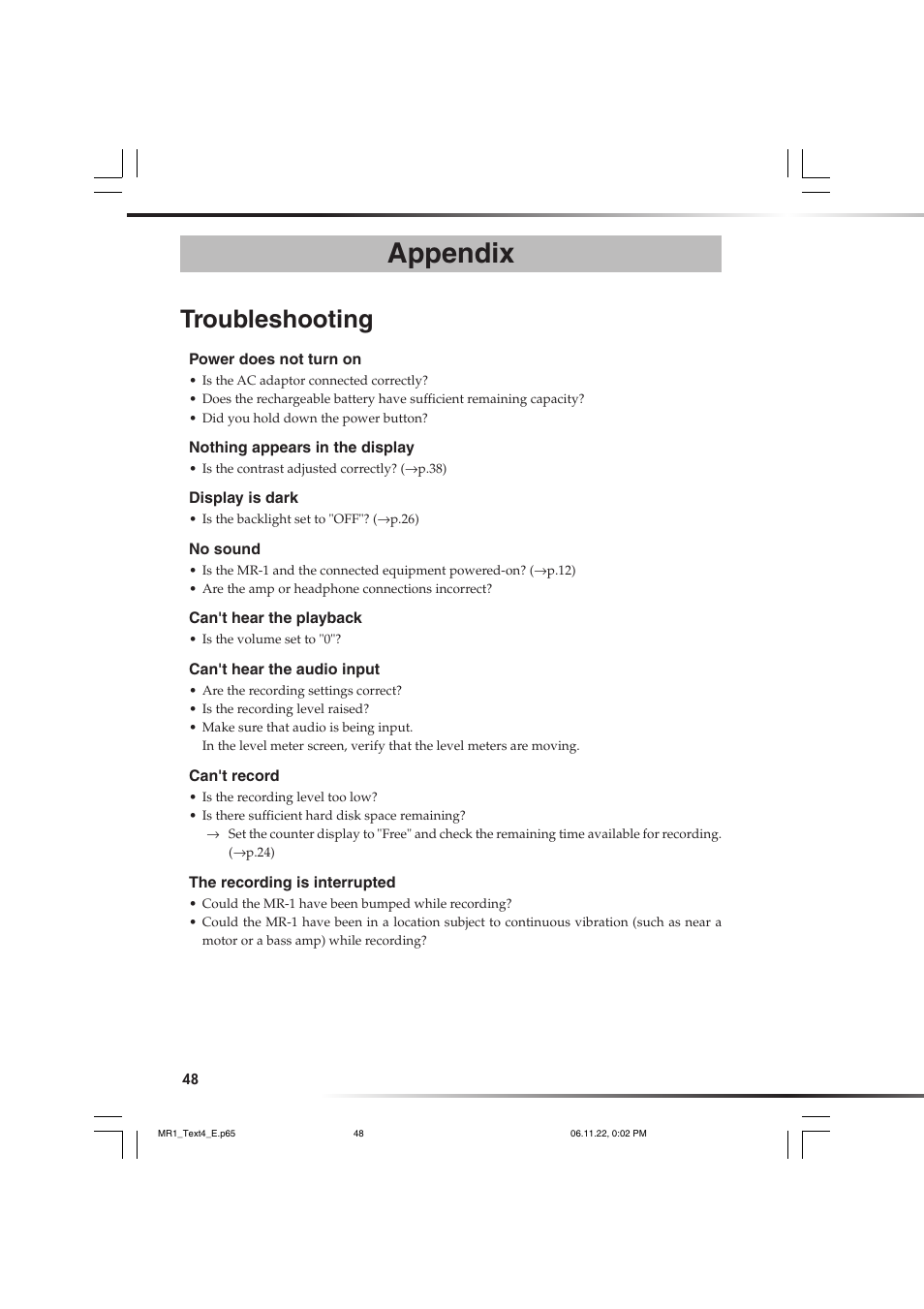 Appendix, Troubleshooting | KORG MR-1 User Manual | Page 48 / 56