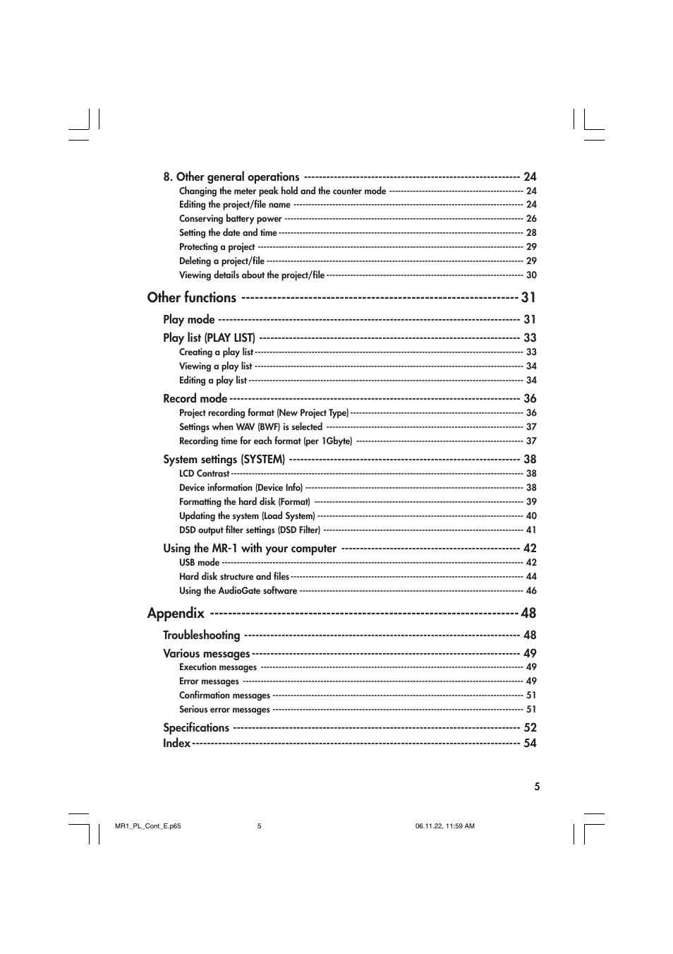 Other functions, Appendix | KORG MR-1 User Manual | Page 5 / 56