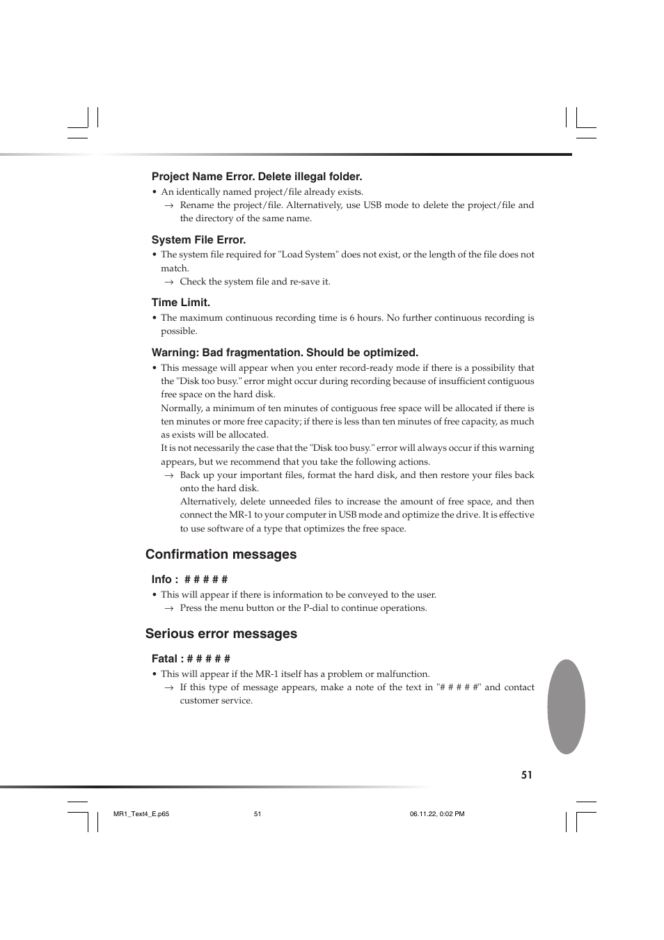 Confirmation messages, Serious error messages, Confirmation messages serious error messages | KORG MR-1 User Manual | Page 51 / 56