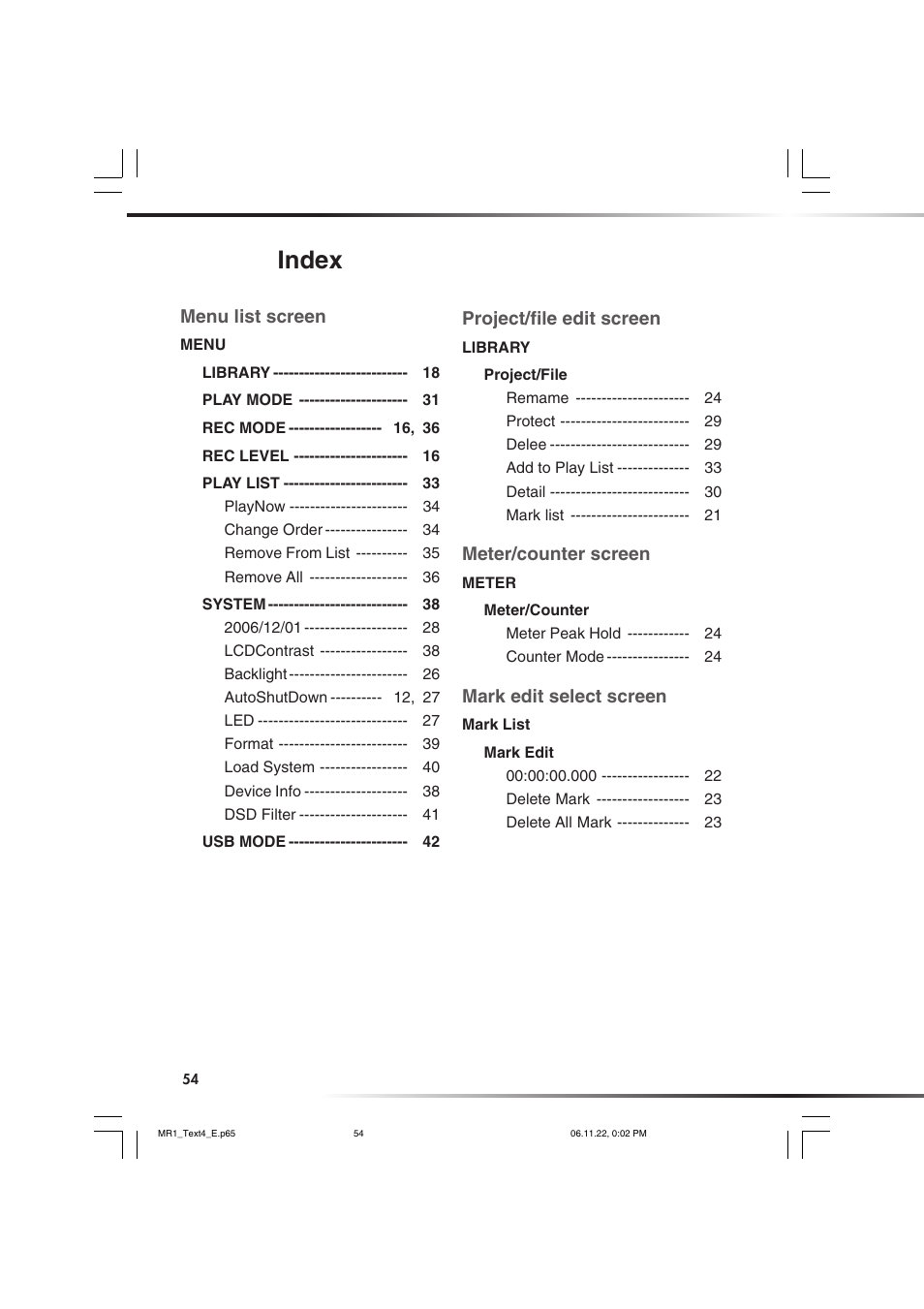 Index | KORG MR-1 User Manual | Page 54 / 56