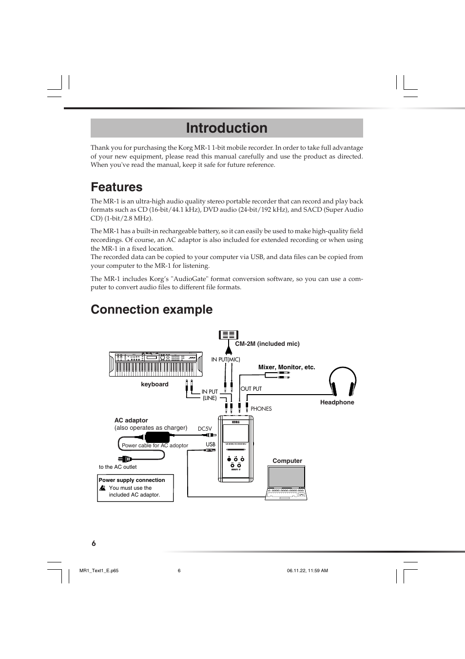 Introduction, Features, Connection example | Features connection example | KORG MR-1 User Manual | Page 6 / 56