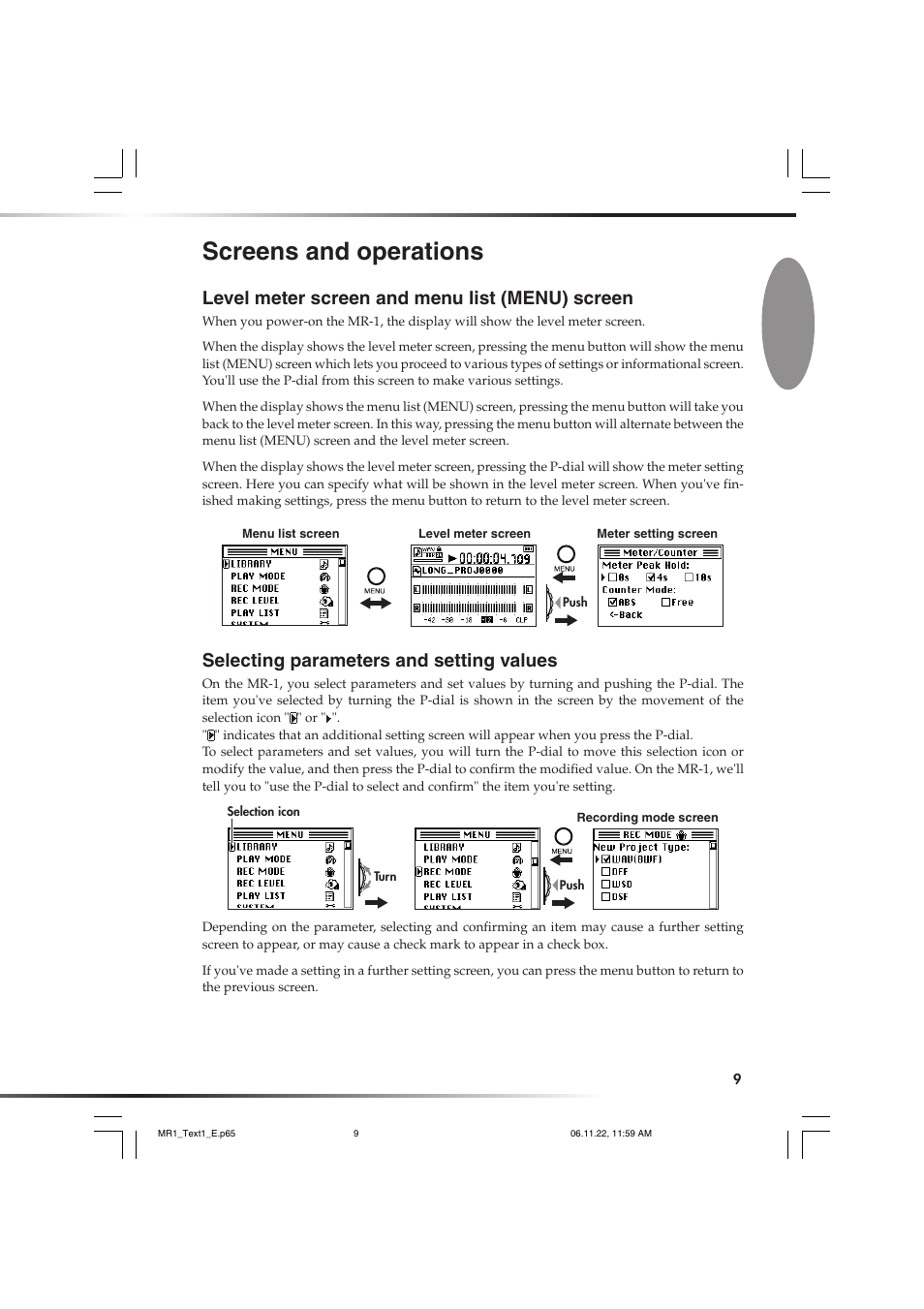 Screens and operations, Level meter screen and menu list (menu) screen, Selecting parameters and setting values | KORG MR-1 User Manual | Page 9 / 56