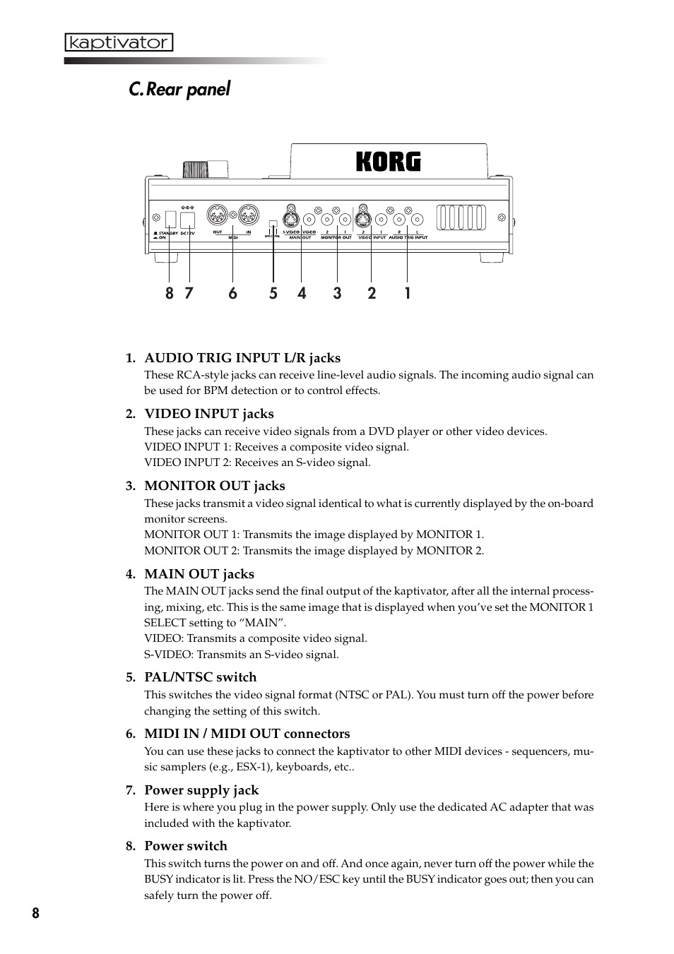 C.rear panel | KORG Kaptivator KTV1 User Manual | Page 10 / 59